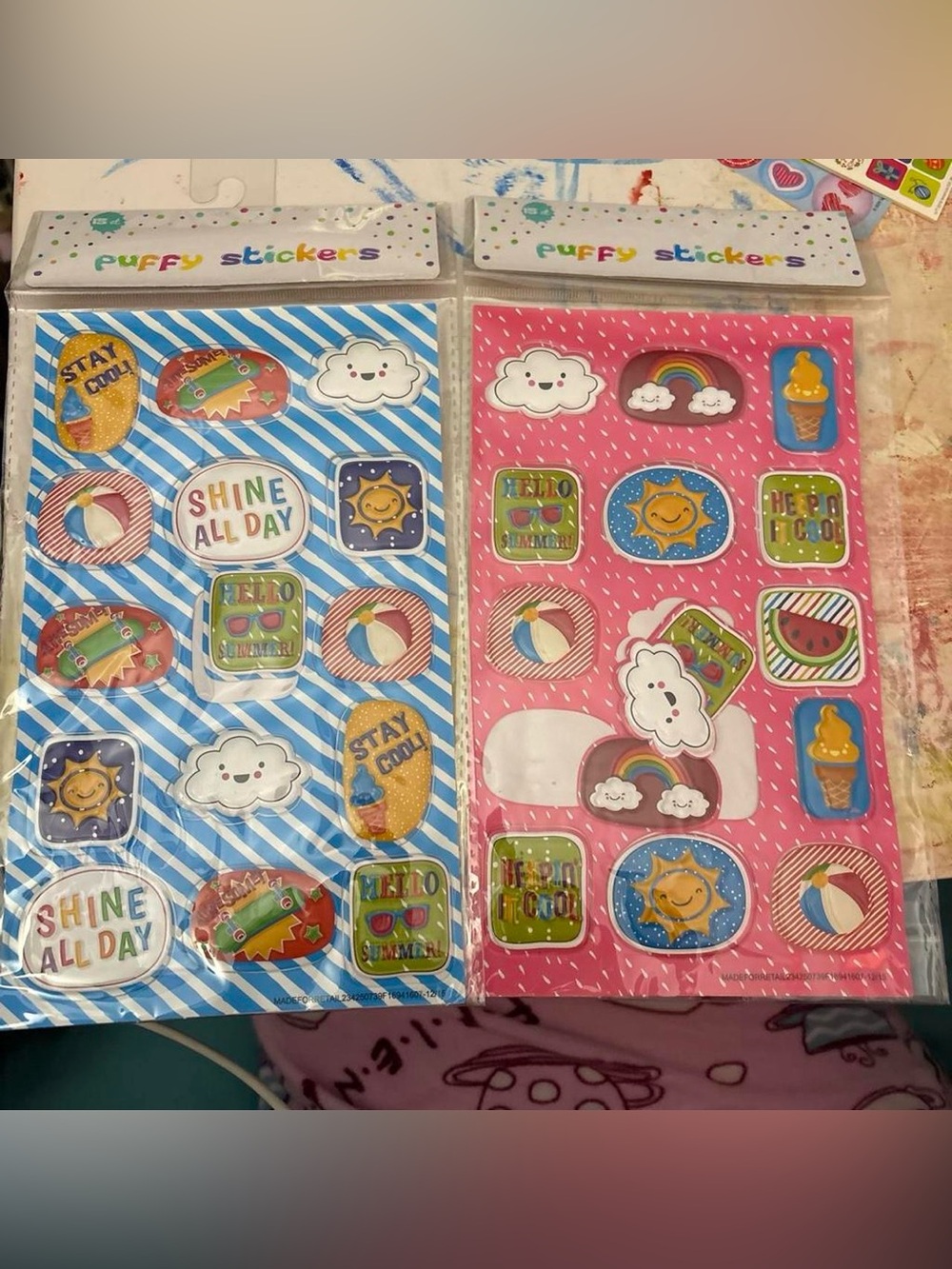 Puffy Summer Sticker Sheets - Cloud, Sun, Rainbow Designs